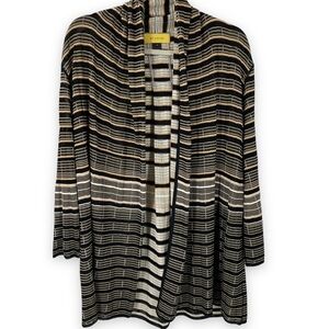 St John M Striped Open Front Cardigan Black Brown Yellow Label Rayon Wool Blend